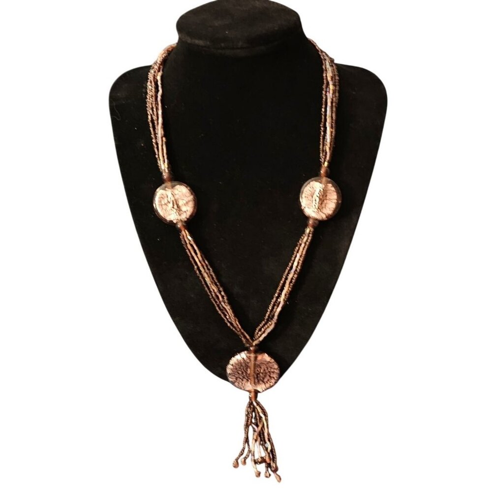 Handcrafted Long‎ Beaded Necklace With Decorative Medallions & Tassel
